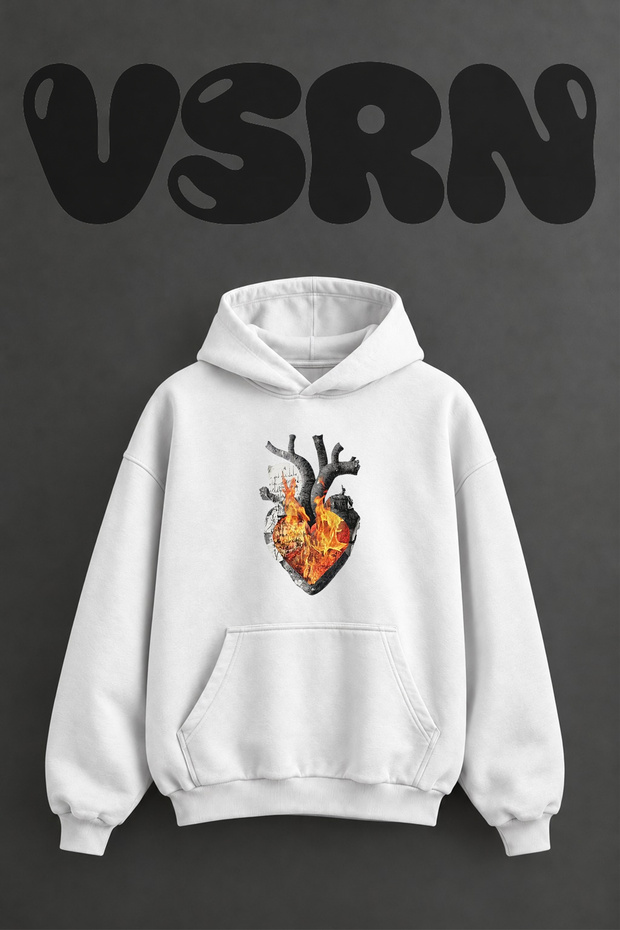 Burning Heart Design Pre-Printed Oversize White Hooded Sweatshirt