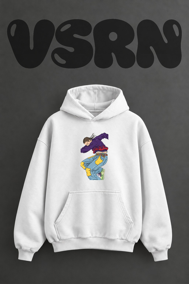 Hip Hop Character Design Pre-Printed Oversize White Hooded Sweatshirt
