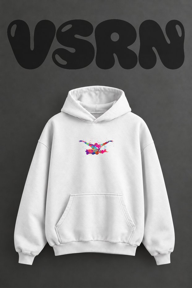 Colorful Swimmer Design Pre-Printed Oversize White Hooded Sweatshirt