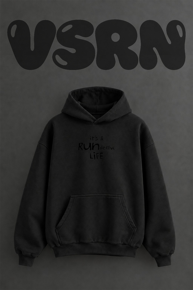 Run Life Design Pre-Printed Oversize Black Hooded Sweatshirt