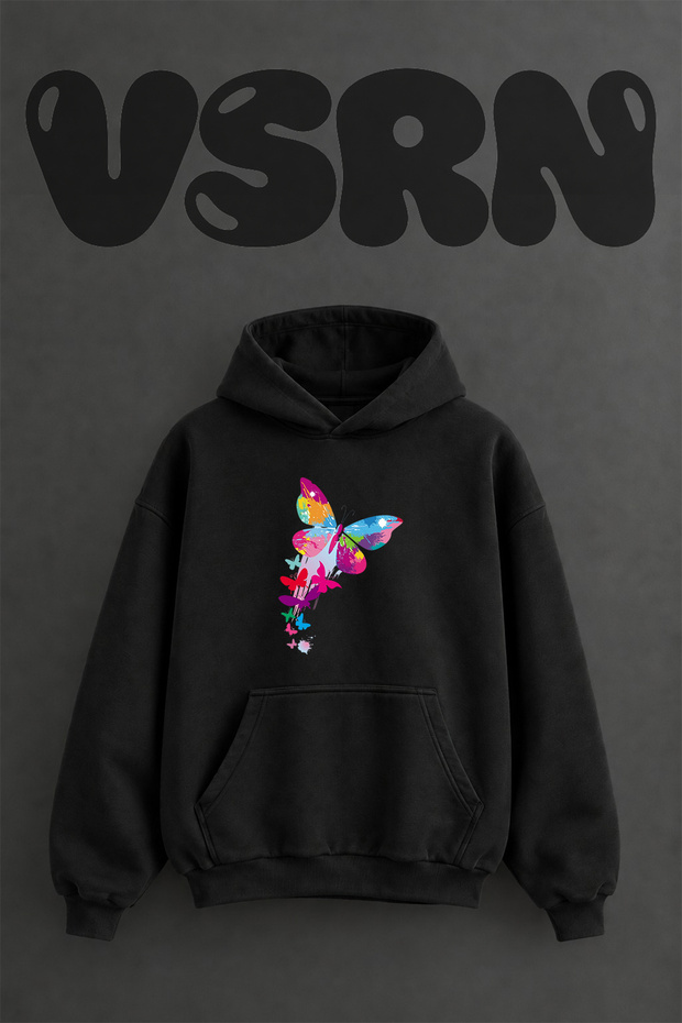 Colorful Butterfly Design Pre-Printed Oversize Black Hooded Sweatshirt
