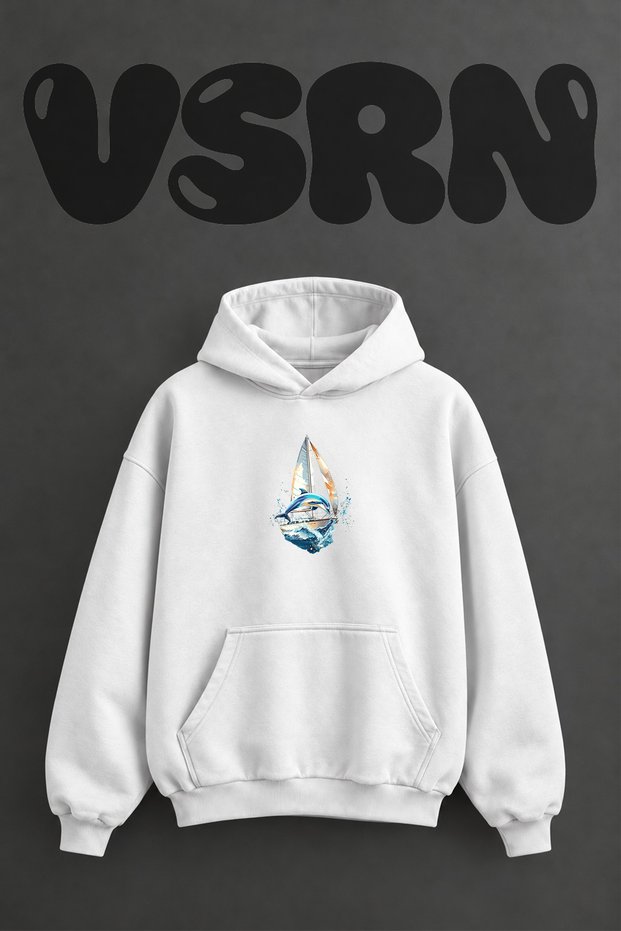 Sailboat Dolphin Design Pre-Printed Oversize White Hooded Sweatshirt