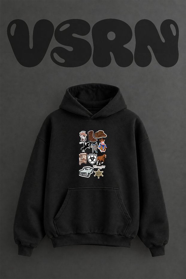 Cowboy Western Design Pre-Printed Oversize Black Hooded Sweatshirt