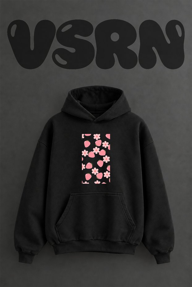 Pink Strawberry Flower Design Pre-Printed Oversize Black Hooded Sweatshirt