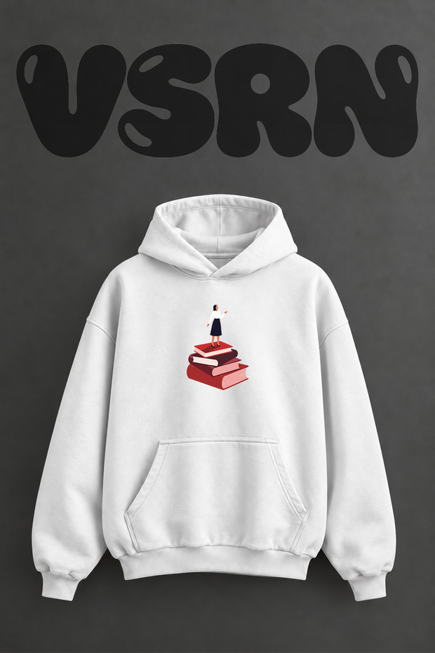 Woman Books Design Pre-Printed Oversize White Hooded Sweatshirt