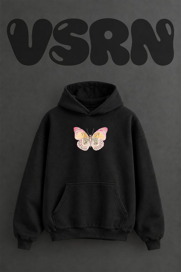 Butterfly Watercolor Design Pre-Printed Oversize Black Hooded Sweatshirt