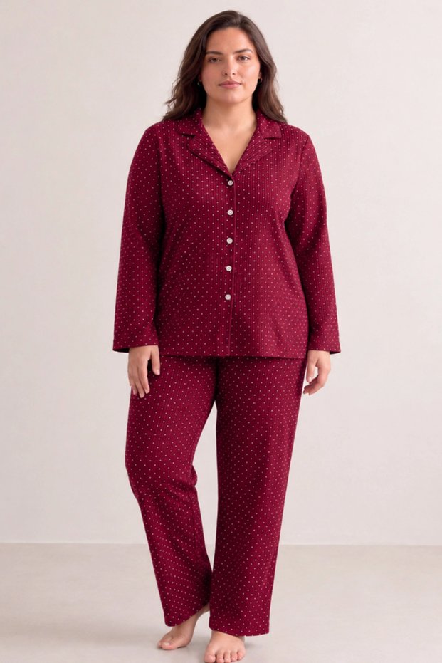 Women's Red Comfortable Polka Dot Buttoned Pajama Set