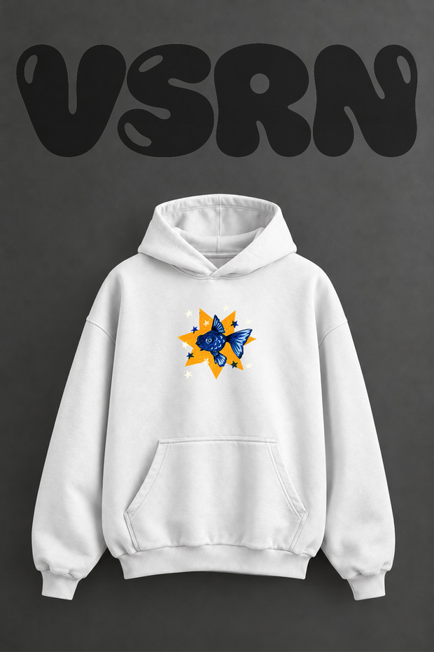 Blue Fish Design Pre-Printed Oversize White Hooded Sweatshirt