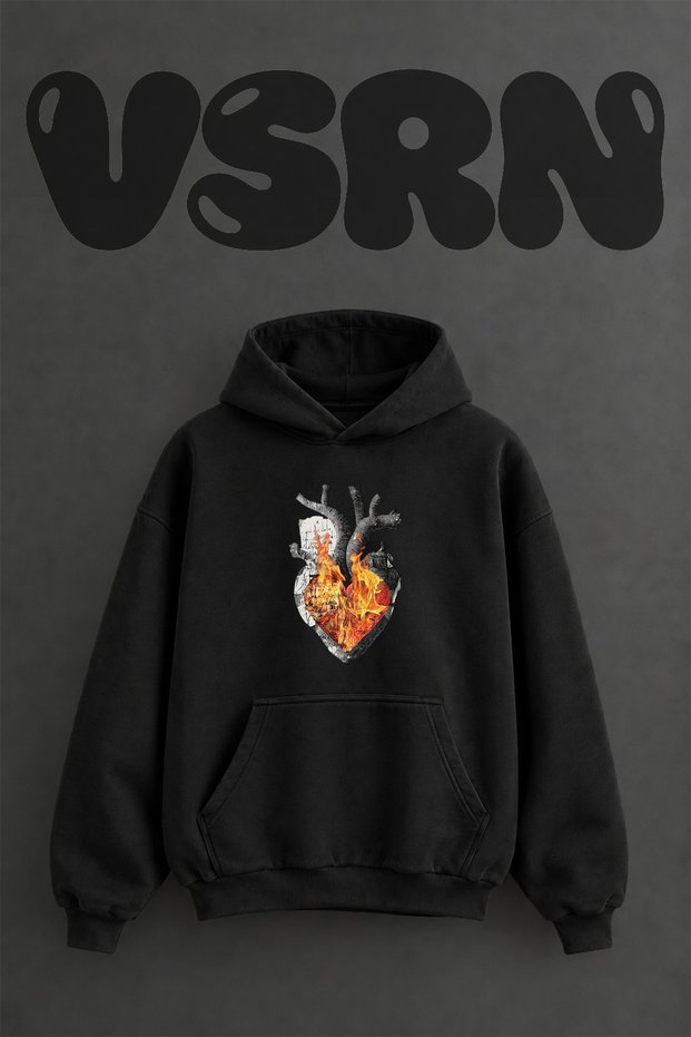 Burning Heart Design Pre-Printed Oversize Black Hooded Sweatshirt