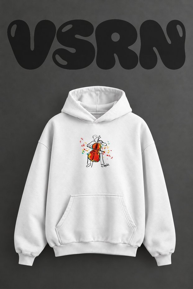 Cello Splatter Design Pre-Printed Oversize White Hooded Sweatshirt
