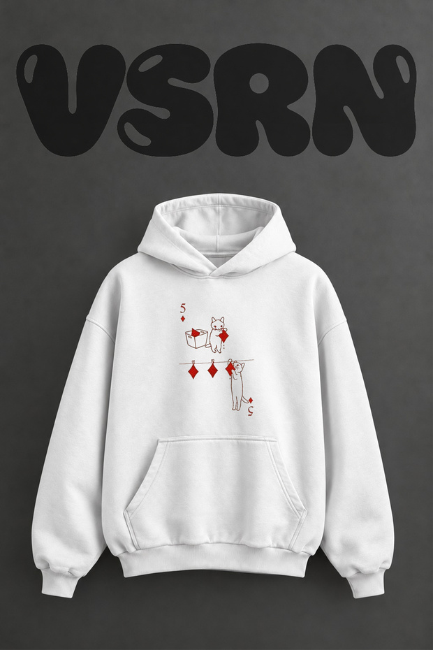 Cat Diamond Design Pre-Printed Oversize White Hooded Sweatshirt