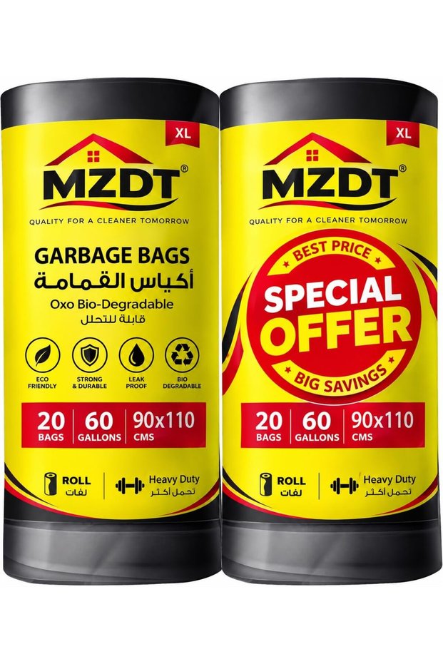MZDT 60 Gallons, Pack of 40-Pieces, Size 90 * 110 cm, (20 Trash Bags X 2 Rolls), Heavy Duty Bio-degradable Garbage Bags Rolls, Bin Liners