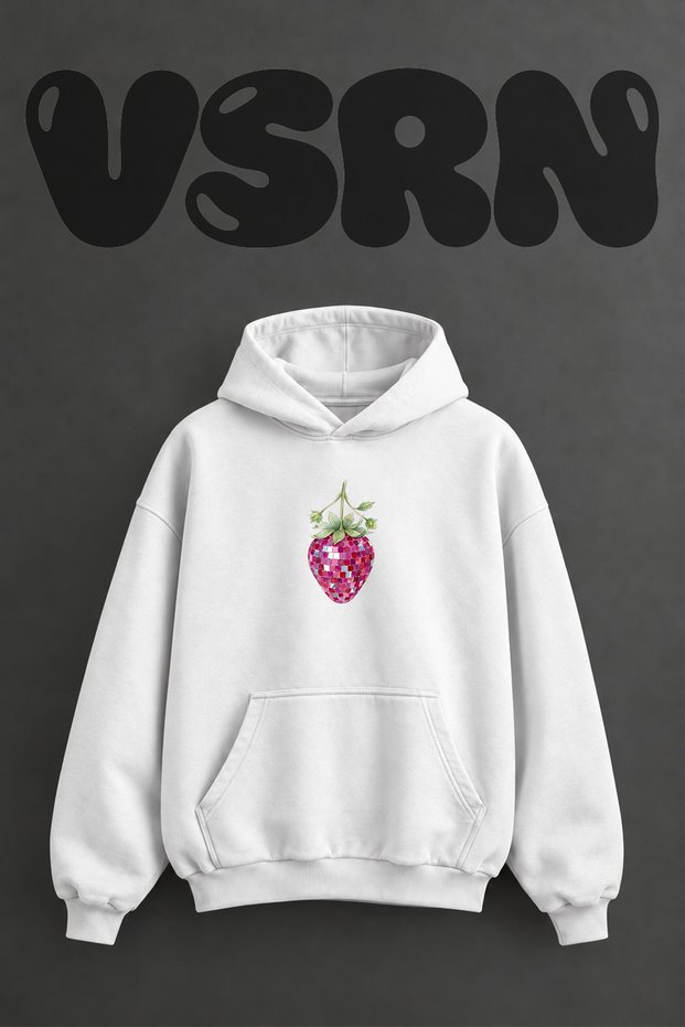 Disco Strawberry Design Pre-Printed Oversize White Hooded Sweatshirt