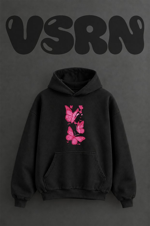 Pink Butterfly Design Pre-Printed Oversize Black Hooded Sweatshirt