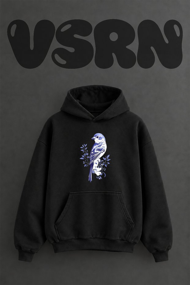 Blue Kus Design Front Printed Oversize Black Hooded Sweatshirt