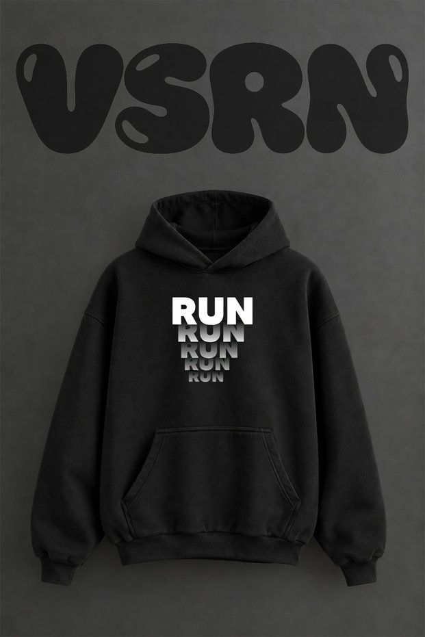 Run Typography Design Pre-Printed Oversize Black Hooded Sweatshirt