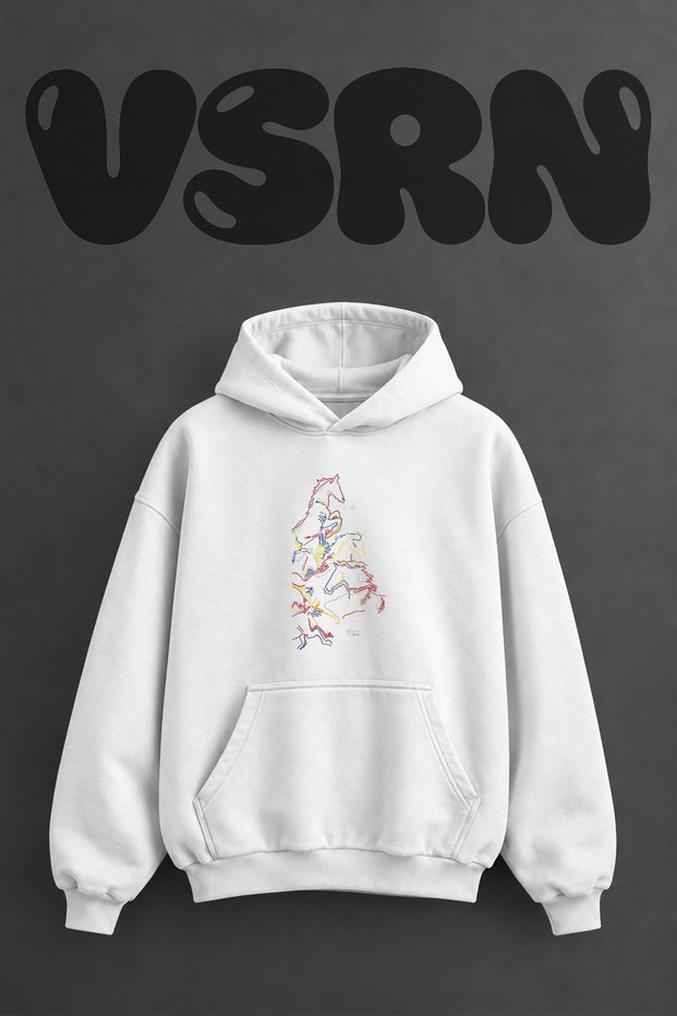 Abstract Horses Design Pre-Printed Oversize White Hooded Sweatshirt