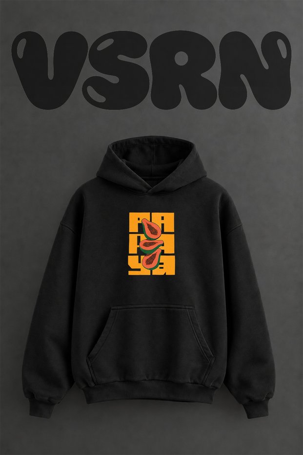 Sliced Papaya Design Pre-Printed Oversize Black Hooded Sweatshirt
