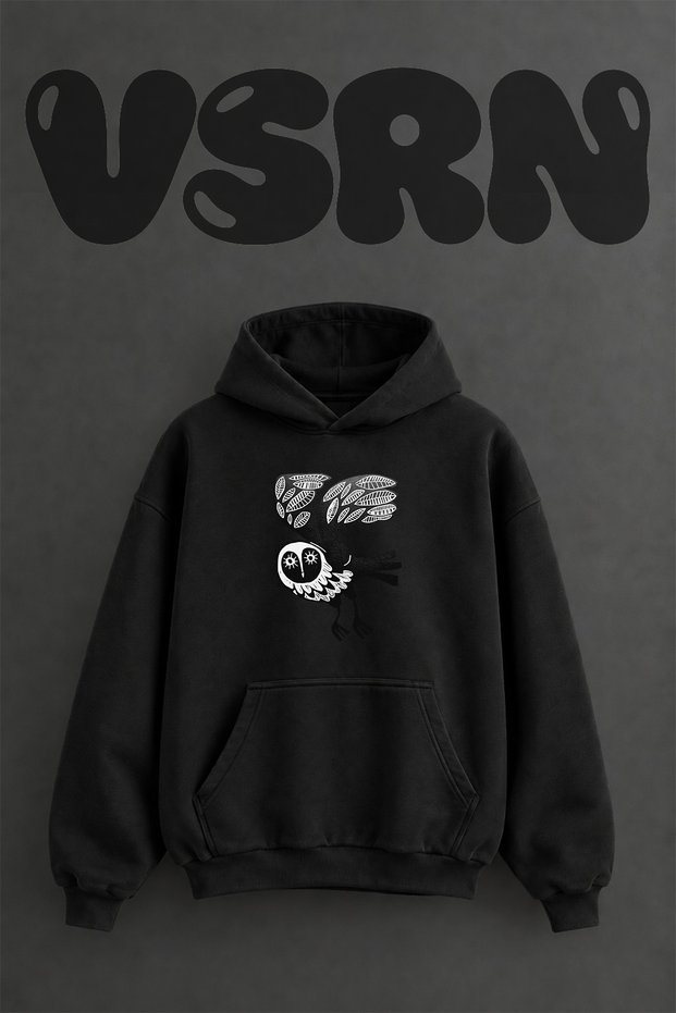 Folk Art Owl Design Pre-Printed Oversize Black Hooded Sweatshirt