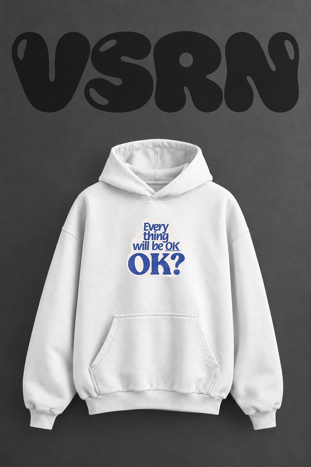 Everything Ok Tasarım Front Printed Oversize White Hooded Sweatshirt