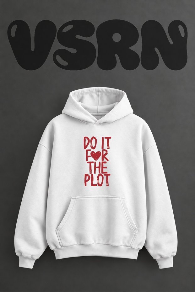 Plot Motto Heart Design Pre-Printed Oversize White Hooded Sweatshirt