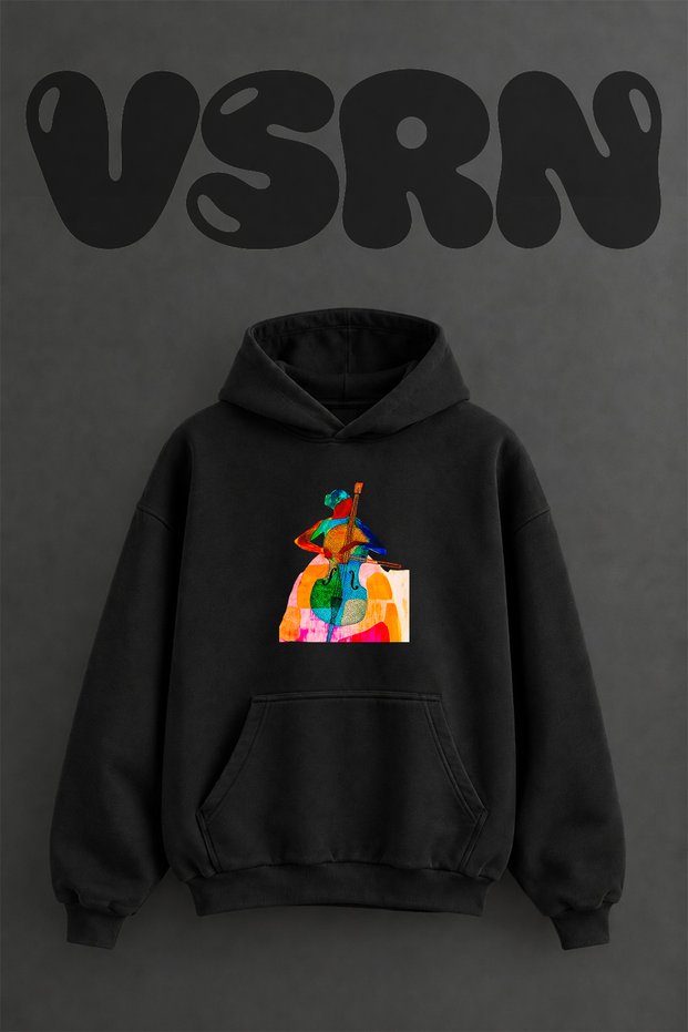 Musician Doublebass Design Pre-Printed Oversize Black Hooded Sweatshirt