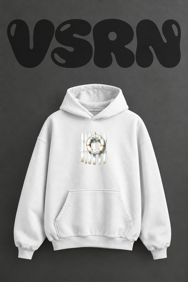 Lifebuoy Beach Design Pre-Printed Oversize White Hooded Sweatshirt