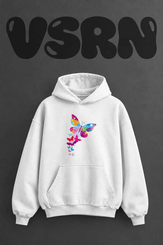 Colorful Butterfly Design Pre-Printed Oversize White Hooded Sweatshirt