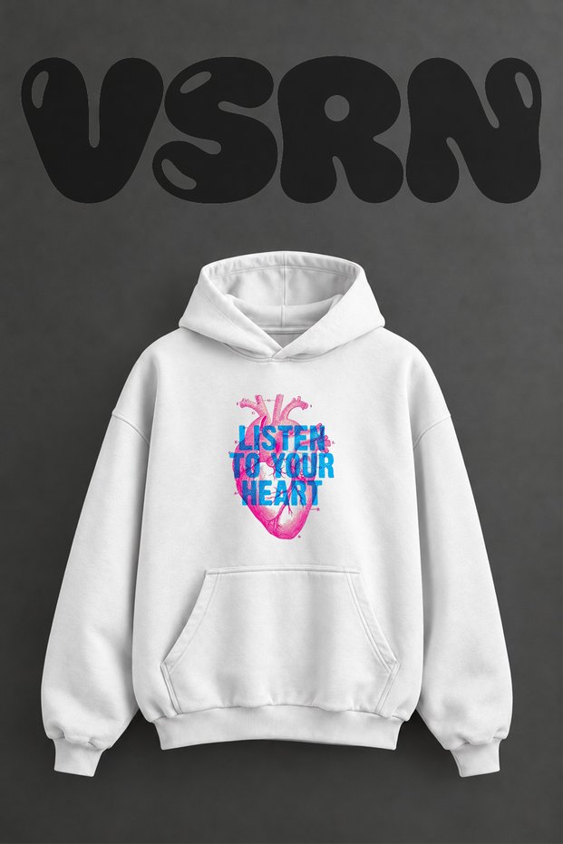 Dinle Heart Design Pre-Printed Oversize White Hooded Sweatshirt