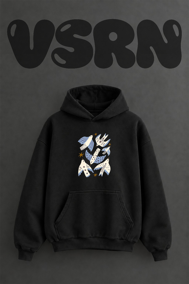 Abstract Kuslar Design Pre-Printed Oversize Black Hooded Sweatshirt