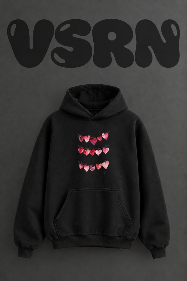 Watercolor Hearts Design Pre-Printed Oversize Black Hooded Sweatshirt