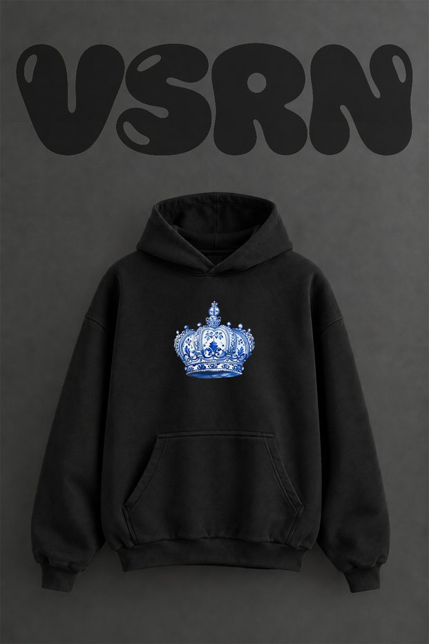 Porcelain Crown Design Pre-Printed Oversize Black Hooded Sweatshirt