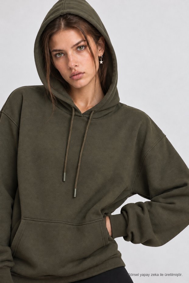 Hooded Oversize Knitted Sweatshirt Len0042 Khaki