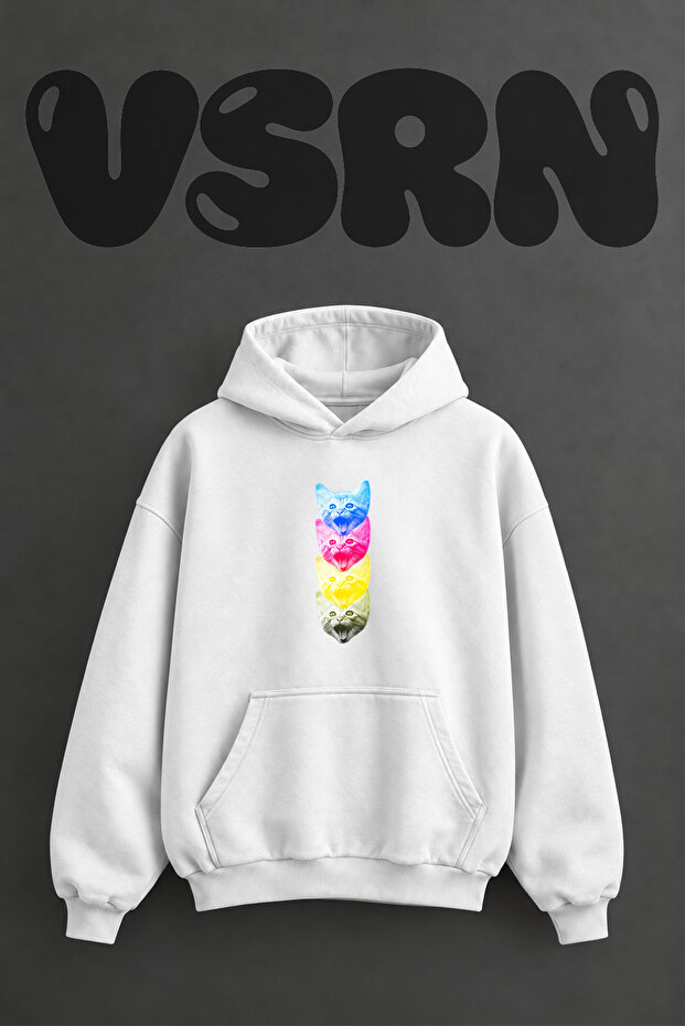 Warhol Cat Design Pre-Printed Oversize White Hooded Sweatshirt