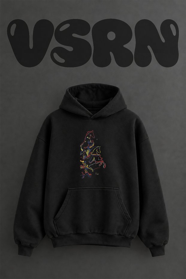 Abstract Horses Design Pre-Printed Oversize Black Hooded Sweatshirt