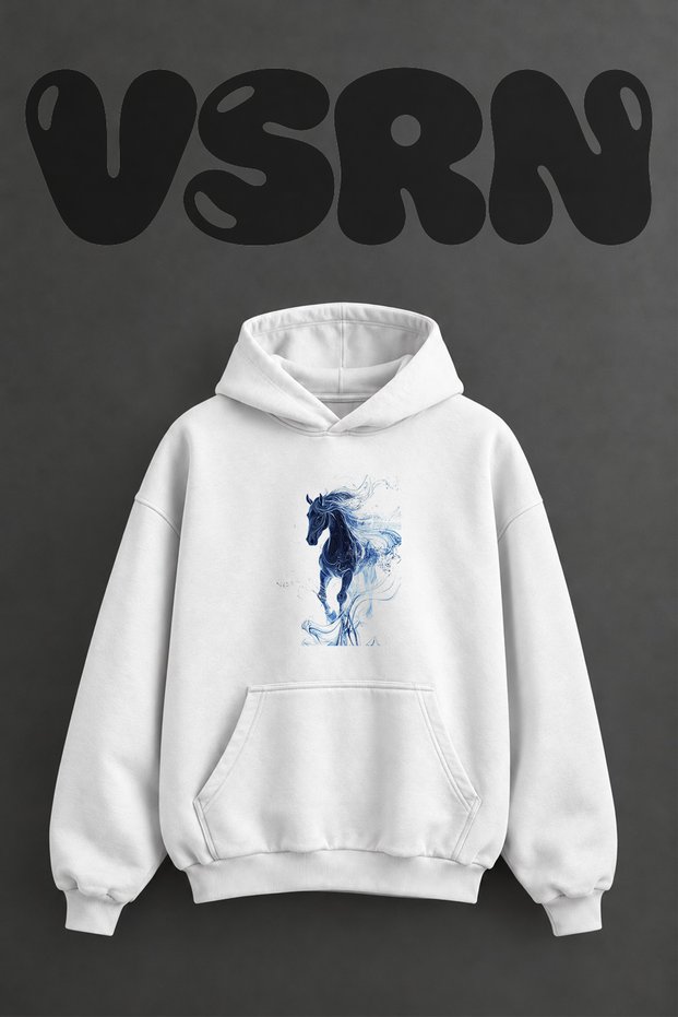 Blue Flowing Horse Design Pre-Printed Oversize White Hooded Sweatshirt