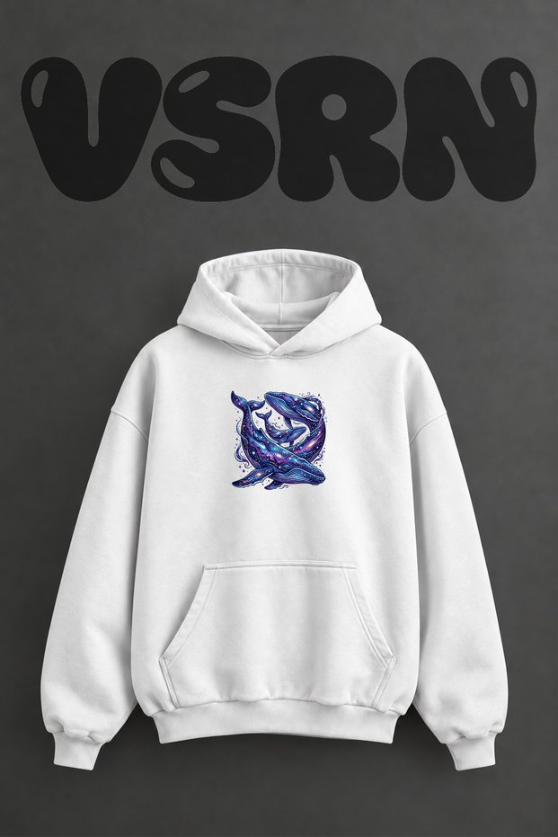 Galaxy Whale Design Pre-Printed Oversize White Hooded Sweatshirt
