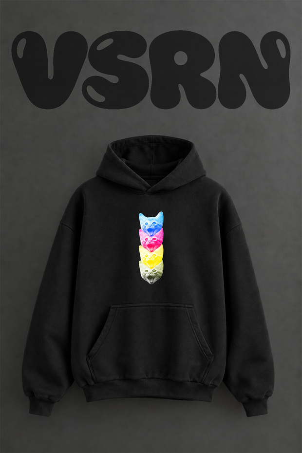 Warhol Cat Design Pre-Printed Oversize Black Hooded Sweatshirt