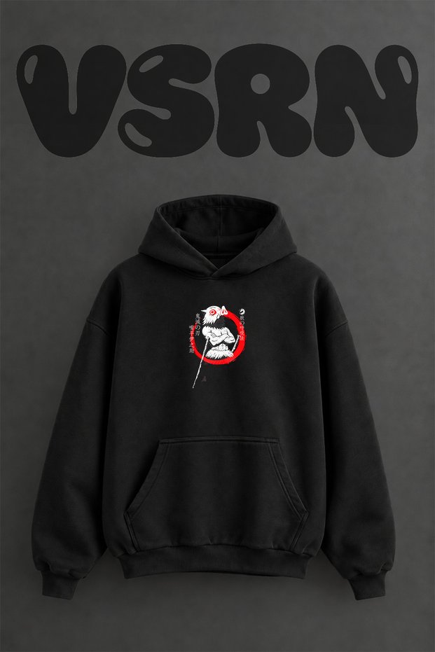 Inosuke Boar Mask Design Pre-Printed Oversize Black Hooded Sweatshirt
