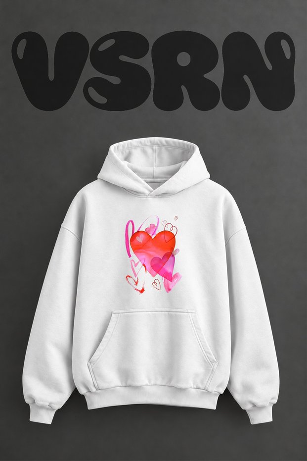 Watercolor Hearts Design Pre-Printed Oversize White Hooded Sweatshirt