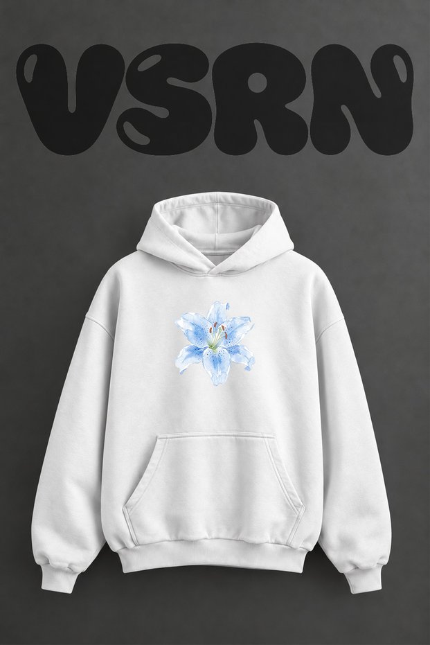 Blue Lily Design Pre-Printed Oversize White Hooded Sweatshirt