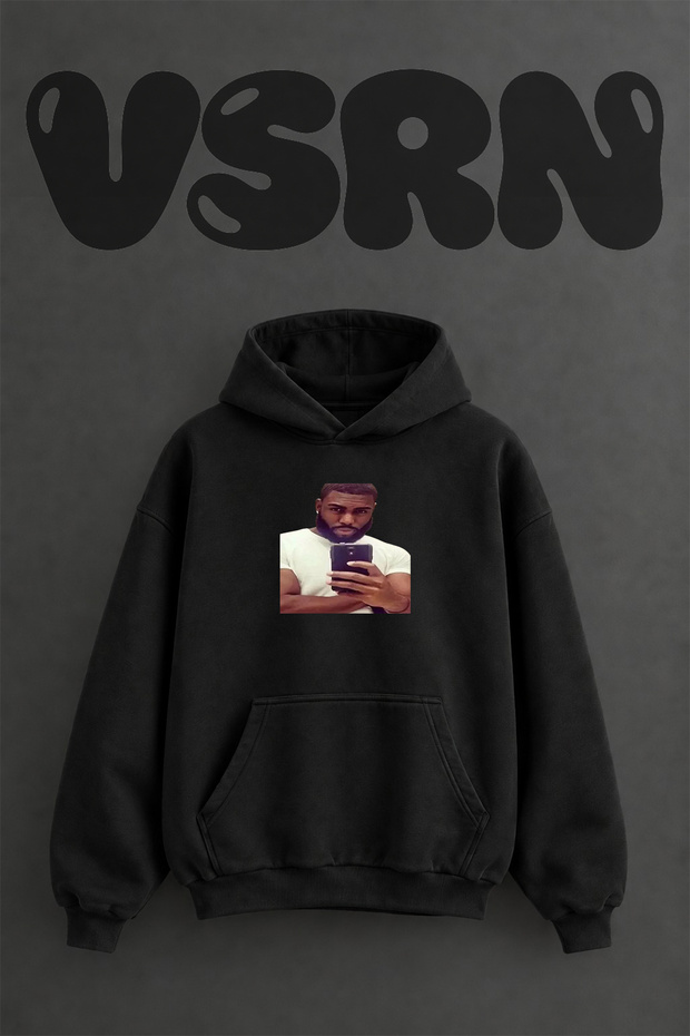 Men's Selfie Design Front Printed Oversize Black Hooded Sweatshirt