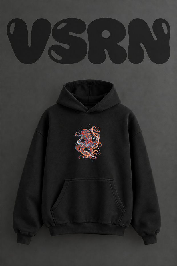 Cosmic Octopus Design Pre-Printed Oversize Black Hooded Sweatshirt