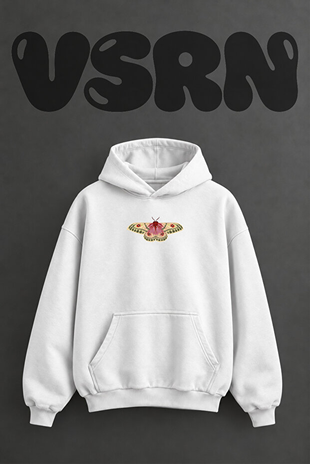 Atlas Moth Design Pre-Printed Oversize White Hooded Sweatshirt