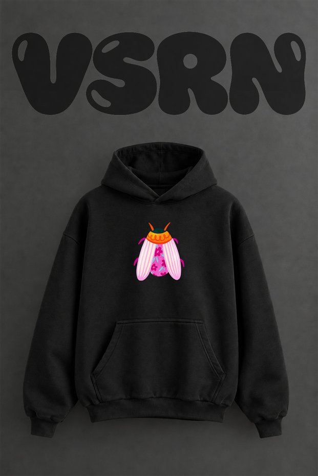 Floral Beetle Design Pre-Printed Oversize Black Hooded Sweatshirt