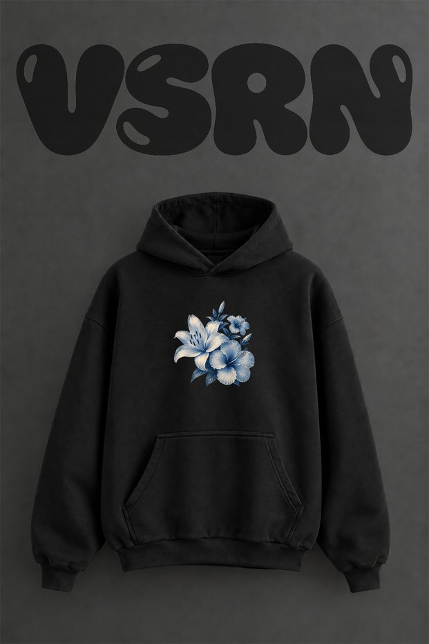 Lilyum Hibiscus Design Pre-Printed Oversize Black Hooded Sweatshirt