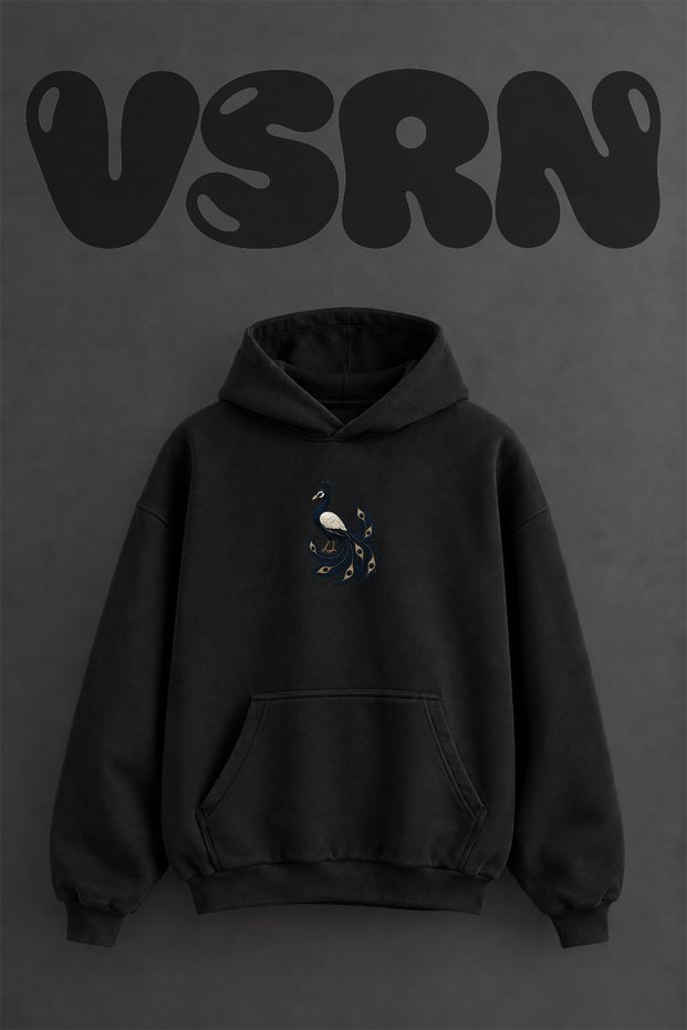 Navy Gold Peacock Design Pre-Printed Oversize Black Hooded Sweatshirt