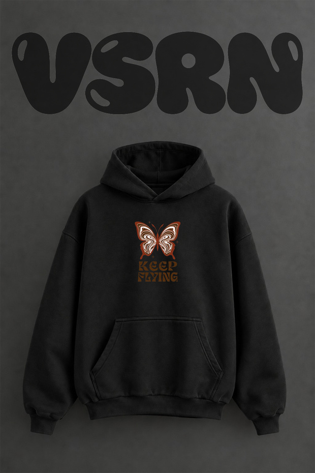 Groovy Butterfly Design Pre-Printed Oversize Black Hooded Sweatshirt