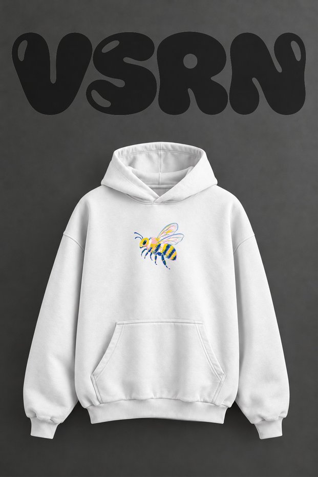 Colorful Bee Design Pre-Printed Oversize White Hooded Sweatshirt