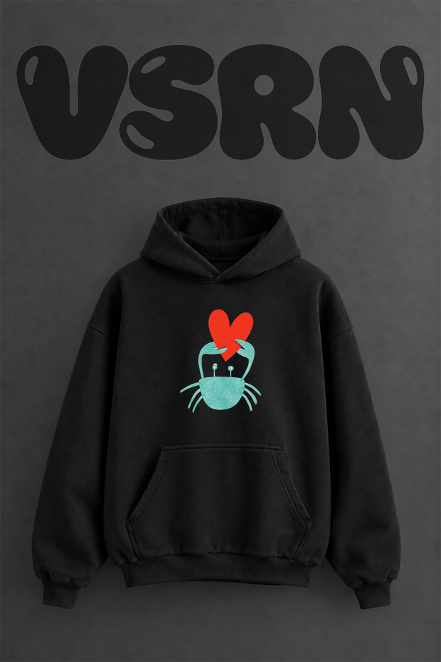Yengec Heart Design Pre-Printed Oversize Black Hooded Sweatshirt